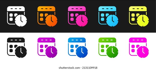 Establece el icono Calendario y reloj aislado en fondo blanco y negro. Programación, cita, organizador, parte de horas, administración de horas.  Vector