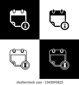Set Calendar and clock icons isolated on black and white background. Schedule, appointment, organizer, timesheet, time management, important date. Line, outline and linear icon. Vector Illustration