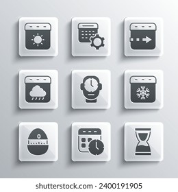 Set Calendar and clock, Old hourglass, winter, Clock, Kitchen timer, autumn, summer and Time flies on the icon. Vector