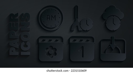 Set Calendar, Clock, spring, Sunset, Cleaning time and Morning icon. Vector