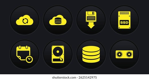 Set Calendar and clock, SSD card, Hard disk drive HDD, Database, Floppy backup and Cloud database icon. Vector