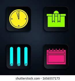 Set Calendar, Clock, Three rolled sticks of cinnamon and Gift box. Black square button. Vector
