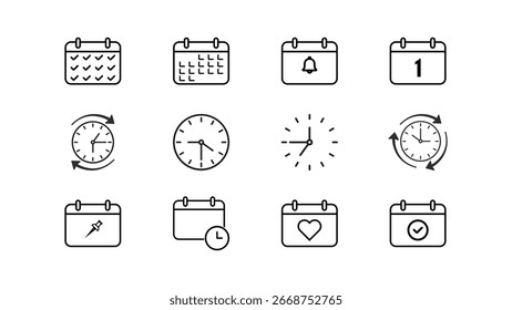 A set of calendar, clock, and time icons for scheduling, appointments, and reminders in vector format.