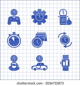 Set Calendar and clock, Time to travel, Smartwatch, Clock with arrow, Coffee time, Stopwatch, Waste and Gamepad icon. Vector