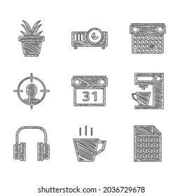 Set Calendar, Coffee cup, File document, machine, Headphones, hunting concept,  and Plant pot icon. Vector