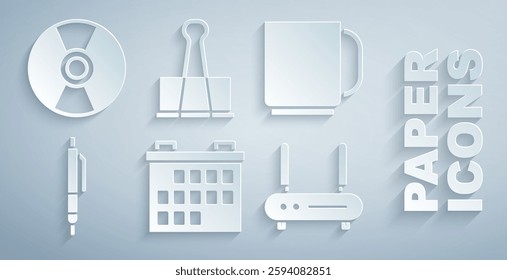 Set Calendar, Coffee cup, Pen, Router and wi-fi signal, Binder clip and CD or DVD disk icon. Vector