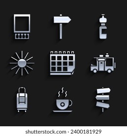 Set Calendar, Coffee cup, Road traffic signpost, Rv Camping trailer, Suitcase, Sun, Bottle water and Open matchbox and matches icon. Vector