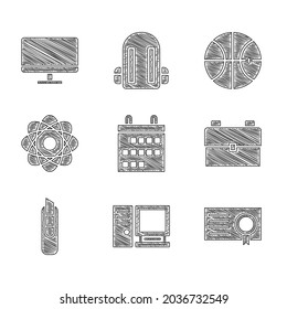 Set Calendar, Computer monitor, Certificate template, School backpack, Stationery knife, Atom, Basketball ball and screen icon. Vector