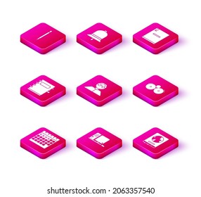 Set Calendar, Computer monitor with keyboard and mouse, Notebook, Student, World map school blackboard, Ringing alarm bell,  and  icon. Vector