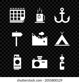Fijar calendario, Copa de té con bolso de té, Ancla, boleto de pasaporte, cámara fotográfica, agua de botella, señalización de tráfico por carretera e icono de las montañas. Vector