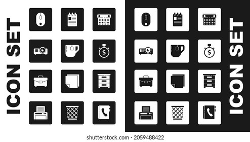 Set Calendar, Cup Of Tea With Tea Bag, Movie, Film, Media Projector, Computer Mouse, Time Is Money, Spiral Notebook, Drawer Documents And Briefcase Icon. Vector