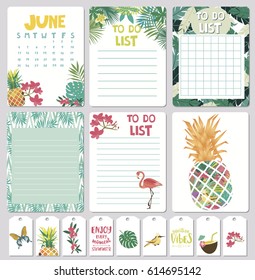 Set of calendar daily and weekly planner elements. Holiday Summer Concept with tropical plants. To do list and Organizer . Vector illustration