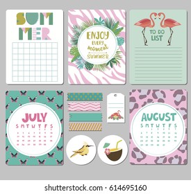 Set of calendar daily and weekly planner elements. Holiday Summer Concept with tropical plants. To do list and Organizer . Vector illustration