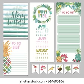 Set of calendar daily and weekly planner elements. Holiday Summer Concept with tropical plants. To do list and Organizer . Vector illustration