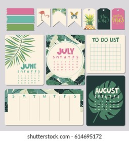 Set of calendar daily and weekly planner elements. Holiday Summer Concept with tropical plants. To do list and Organizer . Vector illustration