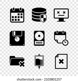 Calendar, Datenbankschutz, Dead-Monitor, Löschen Ordner, IV-Beutel und Dateidokumentsymbol festlegen. Vektorgrafik
