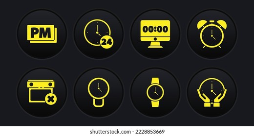 Set Calendar date delete, Alarm clock, Clock, Wrist watch, on monitor, 24 hours, and PM icon. Vector