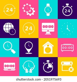 Set Calendar date delete, Digital alarm clock, Clock, Wrist watch, 24 hours, World time,  and on monitor icon. Vector