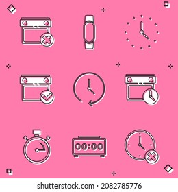 Establece la fecha de borrado del calendario, Smartwatch, Clock, con marca de verificación y reloj, Stopwatch e icono de alarma digital. Vector