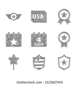 Set Calendar with date July 4, Shield stars, Police badge, Medal, Balloon,  and Star American military icon. Vector