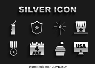 Set Calendar with date July 4, Patriotic American top hat, USA on monitor, Cake, Medal star, Firework, Dynamite bomb and Police badge icon. Vector