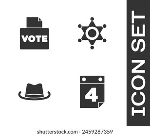 Set Calendar with date July 4, Vote box, Western cowboy hat and Hexagram sheriff icon. Vector