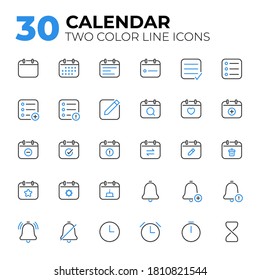 Set of Calendar Date and Time icons. Calendar Date and Time two color line icons.