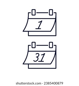 Conjunto de fechas de calendario. El comienzo y fin del mes, año. Número primero y número treinta y uno. Icono de ilustración lineal vectorial aislado en fondo blanco.