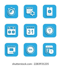 Set Calendar, Day time, and clock, Clock 24 hours, Time chess, Alarm app mobile and Stopwatch icon. Vector