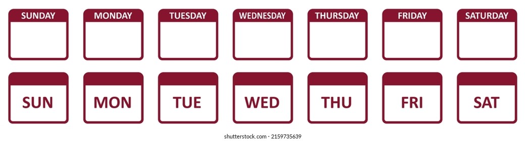 Set of calendar days week icons, weekly planner. Vector illustration.