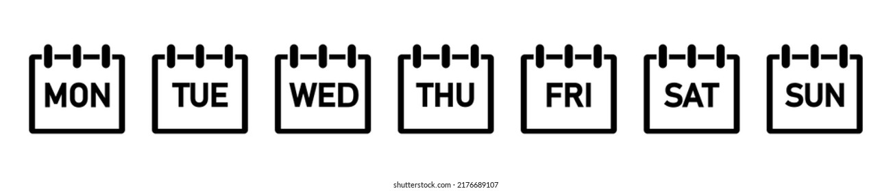 Set of calendar days of the week icons on white background. Days from Monday to Sunday.  Organizer or reminder on event.
