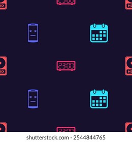 Set Calendar, Dead mobile, Digital alarm clock and Hard disk drive HDD on seamless pattern. Vector