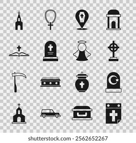 Set Calendar death, Muslim cemetery, Grave with cross, Coffin, tombstone, Holy bible book, Church building and Angel icon. Vector