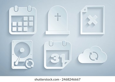 Set Calendar, Delete file document, Hard disk drive HDD sync refresh, Cloud, Tombstone with cross and  icon. Vector