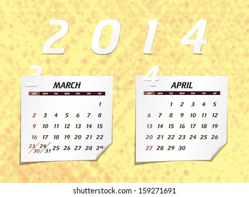 Set of calendar with design for year 2014 March & April  (week starts from Sunday)