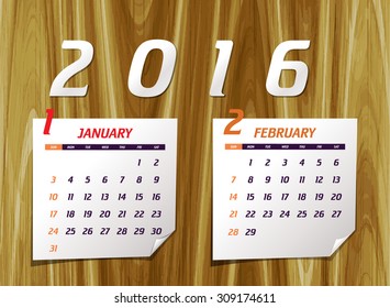 Set of calendar with design for year 2016 January & February (week starts from Sunday)
