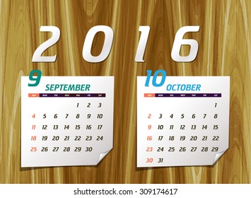 Set of calendar with design for year 2016 September & October (week starts from Sunday)

