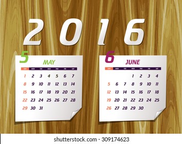 Set of calendar with design for year 2016 May & June (week starts from Sunday)
