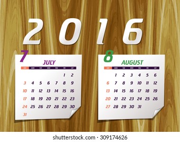 Set of calendar with design for year 2016 July & August (week starts from Sunday)
