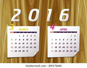 Set of calendar with design for year 2016 March & April (week starts from Sunday)

