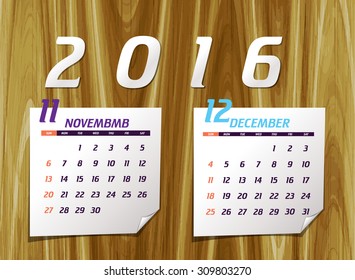 Set of calendar with design for year 2016 November & December (week starts from Sunday)

