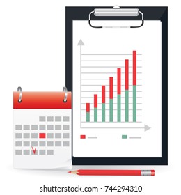 Set - Calendar desktop and clipboard with a graph of growth dynamics - Pencil red - isolated on white background - vector
