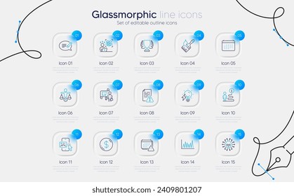 Set von Kalender, Dollar-Geld-und Message-Linie Symbole für Web-App. Pinsel, Support, Benachrichtigungssymbole. Elektrolampe, Telefonbild, Gebrauchsanweisung. Gewinner, Ethik, Line-Graphen. Vektorgrafik