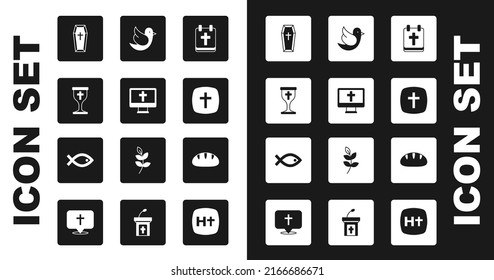 Set Calendar with Easter, Christian cross on monitor, chalice, Coffin, Dove, bread and fish symbol icon. Vector