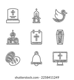 Set Calendar with Easter, Church bell, Christian cross on monitor, Coffin, bread, building, Dove and Grave tombstone icon. Vector