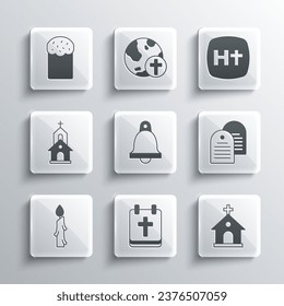 Set Calendar with Easter, Church building, Holy bible book, bell, Burning candle, cake and Christian cross icon. Vector