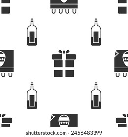 Set Calendar with Easter egg, Gift box and Bottle of wine on seamless pattern. Vector