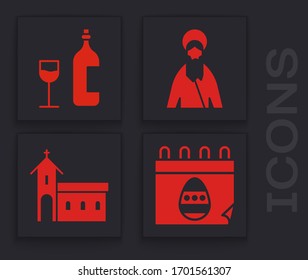 Set Calendar with Easter egg, Wine bottle with glass, Jesus Christ and Church building icon. Vector