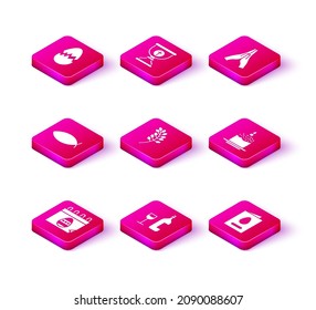 Set Calendar with Easter egg, Wine bottle glass, Christian fish, Willow leaf, Greeting card Happy, cake and candle, Hands praying position and chalice icon. Vector