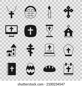 Set Calendar with Easter, Pope hat, Church building, Burning candle, Christian cross, on monitor, chain and chalice icon. Vector